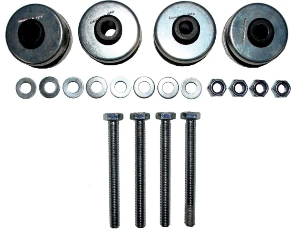 Set aus Gummipuffern, Bolzen, Unterlegscheiben und Muttern, hergestellt von Wolf, zur Verwendung in mechanischen Anwendungen oder Fahrzeugen.